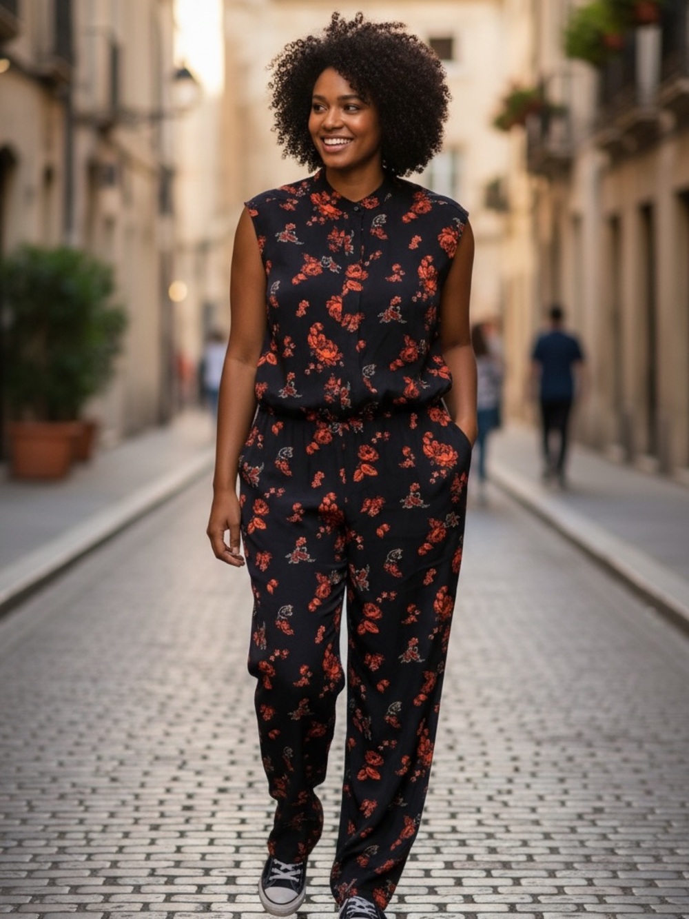 Equipment Black Jumpsuit with Red Floral Print
